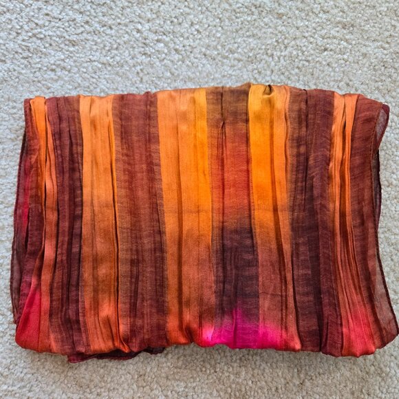 Silk Oblong Crinkle Scarf Vibrant Colors Burgundy Orange Pink - Picture 2 of 6